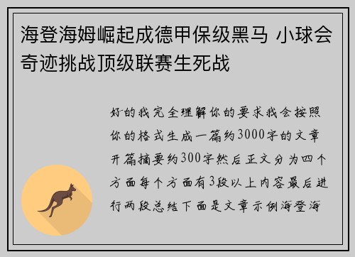 海登海姆崛起成德甲保级黑马 小球会奇迹挑战顶级联赛生死战